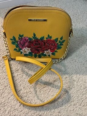 Yellow Floral Crossbody Bag with Gold Chain